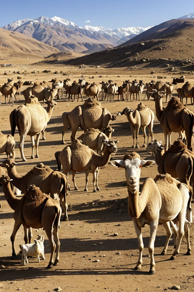 Eid-ul-adha mubarik with some camels cows and goats sheeps lamb in cartoon 
