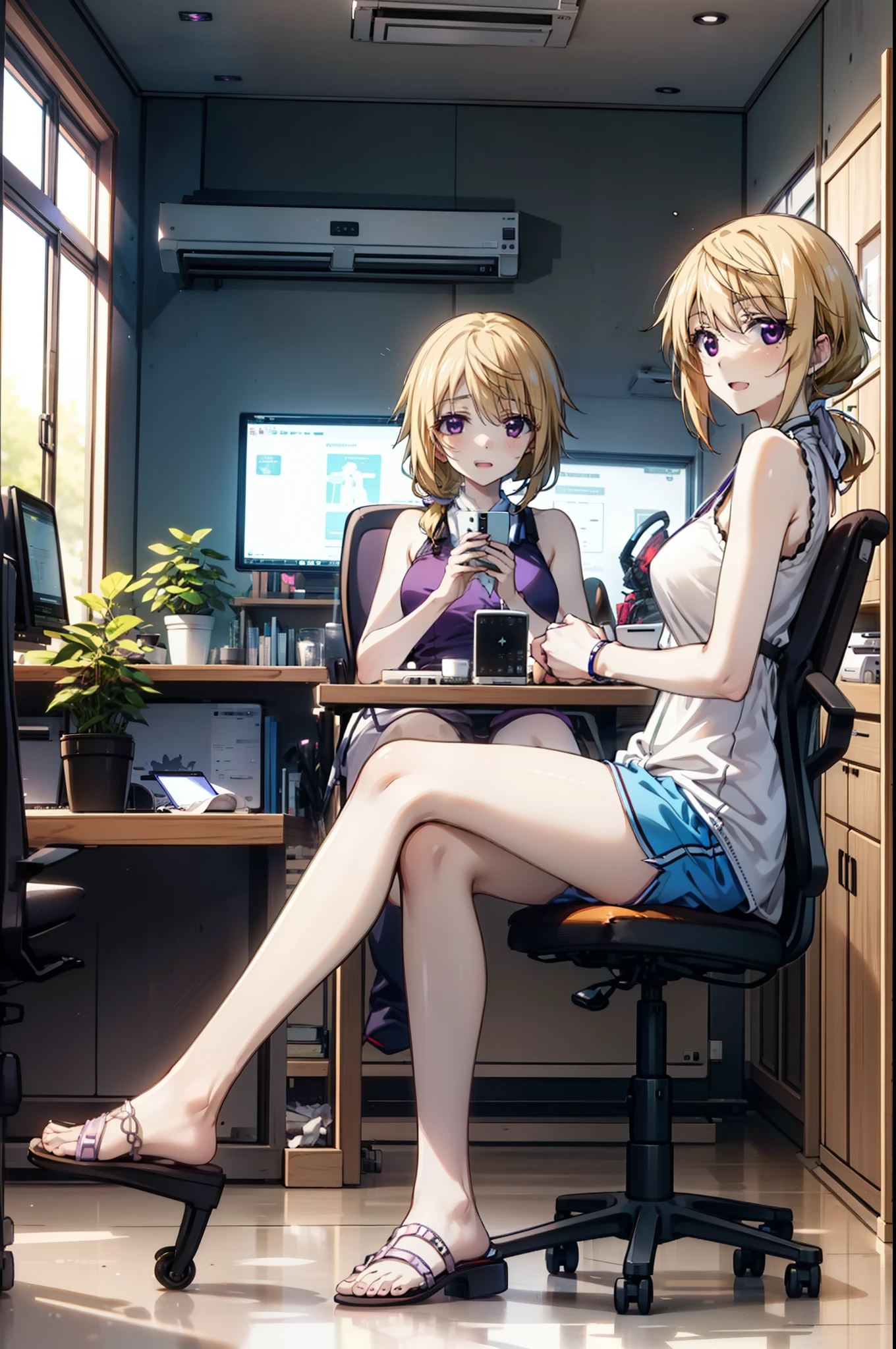 Charlotte Denois, Charlotte Dunois, Long Hair, Blonde, ribbon, (Purple eyes:1.1), low ponytail,happy smile, smile, Open your mouth,Orange sleeveless dress,Shorts,Cute Sandals,Sit cross-legged on a chair,There is a computer on the table,Clear skies during the day,interior,whole bodyがイラストに入るように,
break indoors, office,
break looking at viewer, whole body,
break (masterpiece:1.2), Highest quality, High resolution, unity 8k wallpaper, (figure:0.8), (Beautiful attention to detail:1.6), Highly detailed face, Perfect lighting, Highly detailed CG, (Perfect hands, Perfect Anatomy),