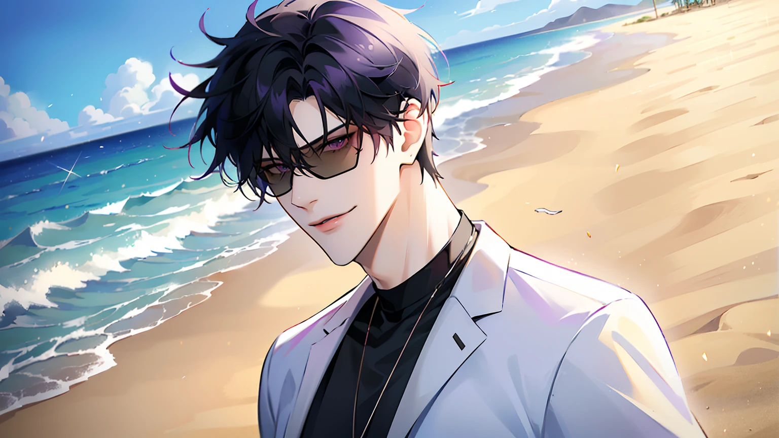 (masterpiece, 4k, high quality:1.3), 1boy, solo, short hair, black hair, asymmetrical fringe, purple eyes, handsome, sharp eyes, (mature male, mature:1.2), male focus, fashionable, open purple shirt, necklace, smile, beach, sand, boats in the background, sunshine, ((sunglasses)), windy