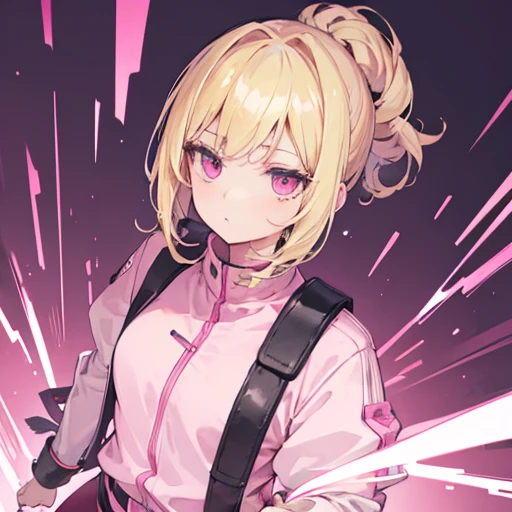 1girl blonde hair wearing a light pink outfit with black belt and black boots pink sleeves pink pants, best quality, detailed shading, detailed ambient light, detailed background, masterpiece, 
