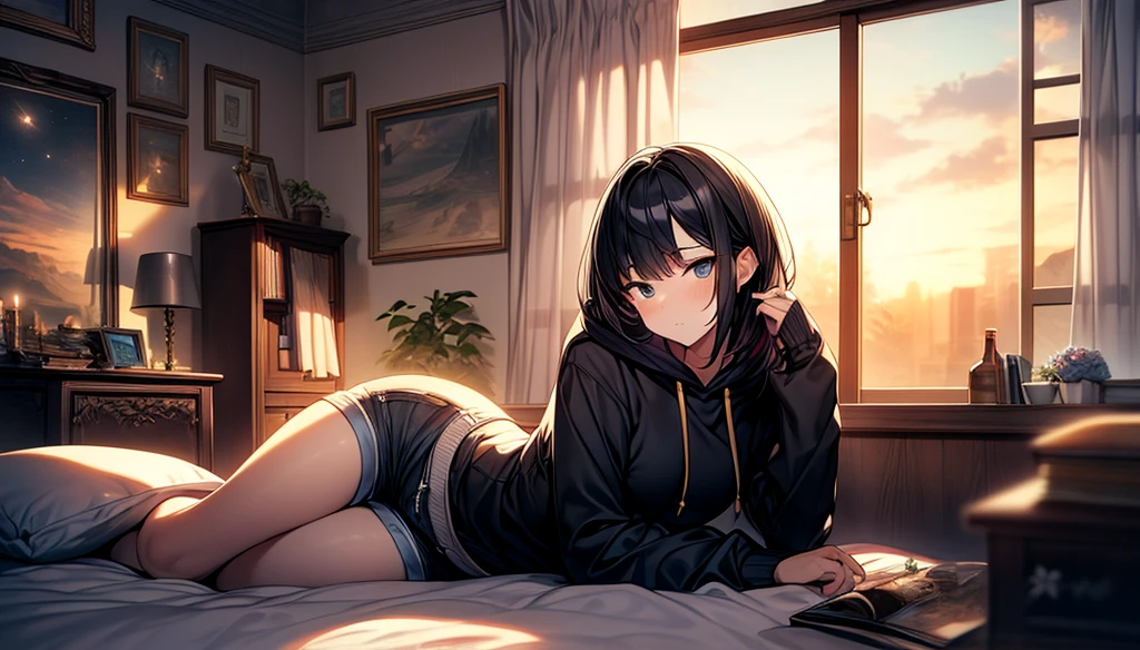 masterpiece, best quality, high quality, detailed, ultra detailed, hyper detailed, insanely detailed, exquisite, beautiful, FHD, Full-HD, 4K, 8K, 16K, highres, absurdres, background, a girl, intelligent, serious look, sitting, bob, short hair, black hair, black eyes, pale skin, , shorts, hoodie, with a window, beautiful, golden hour, in the room, with a bed, at night, with a starry sky, with a nebula, medium shot