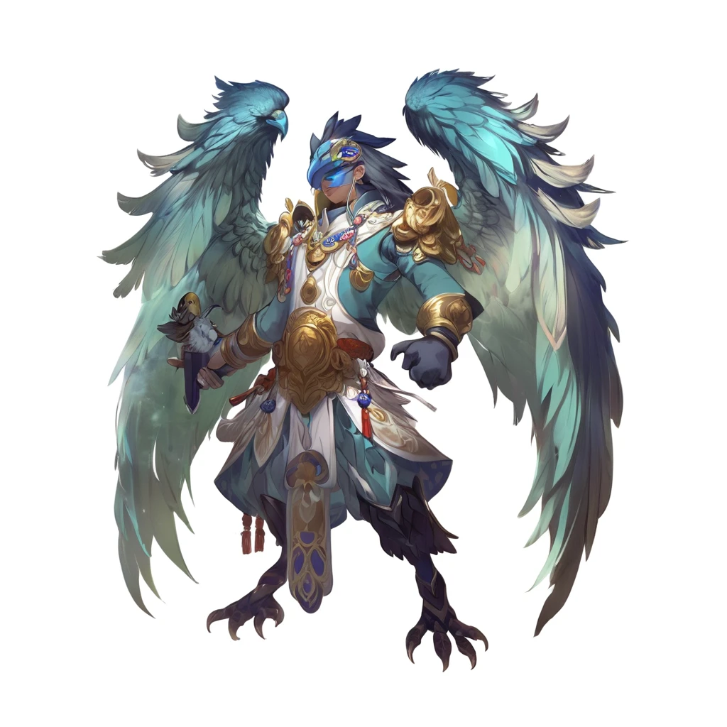 Close up of a person with a bird on his back, Onmyoji detailed art, Onmyoji, Fantasy concept art, Black Arakolla Eagle Warlord, Keqing from genshin impact, Super detailed fantasy characters, Hero fantasy character concept, Shadowverse character concept, Happy, Winged Armor Horn, Majestic Angel