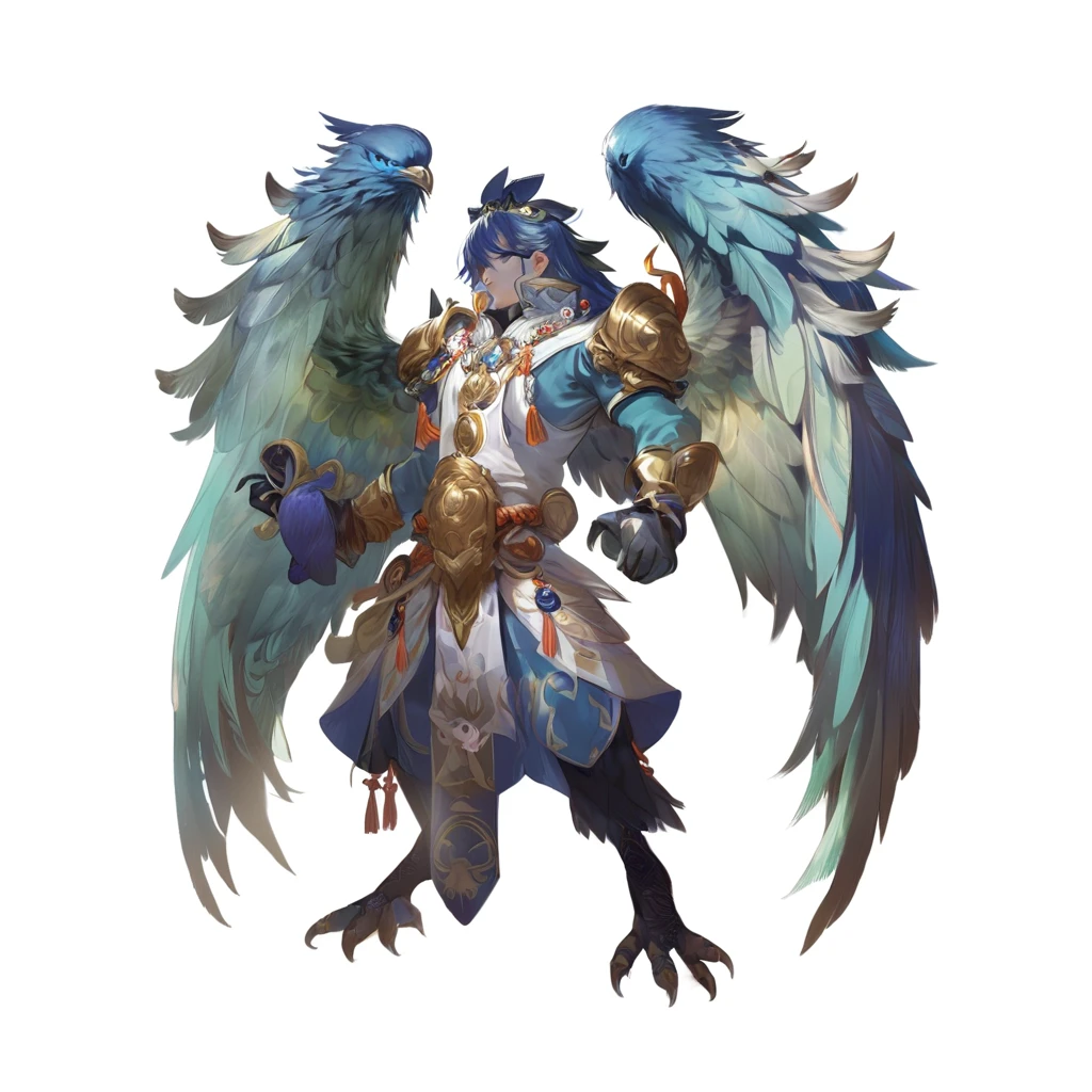 Close up of a person with a bird on his back, Onmyoji detailed art, Onmyoji, Fantasy concept art, Black Arakolla Eagle Warlord, Keqing from genshin impact, Super detailed fantasy characters, Hero fantasy character concept, Shadowverse character concept, Happy, Winged Armor Horn, Majestic Angel