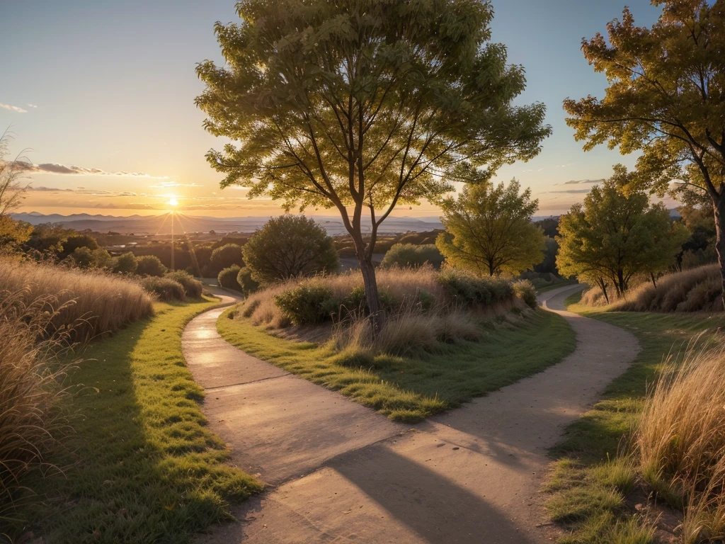 muestra un paisaje al atardecer. The sky is painted with warm shades of orange and gold, creating a serene and welcoming atmosphere. En el centro de la imagen, A path winds through a field of golden grass, illuminated by the soft light of the sun that is setting on the horizon. A lo largo de la vereda, small flashes of golden light reflect on the stones of the path, adding a magical touch to the scene. Alrededor, stylized trees with leaves in amber and gold tones create a natural frame, highlighting the beauty of the autumn landscape. The combination of warm colors and the feeling of peace that emanates from the image make this wallpaper a perfect complement