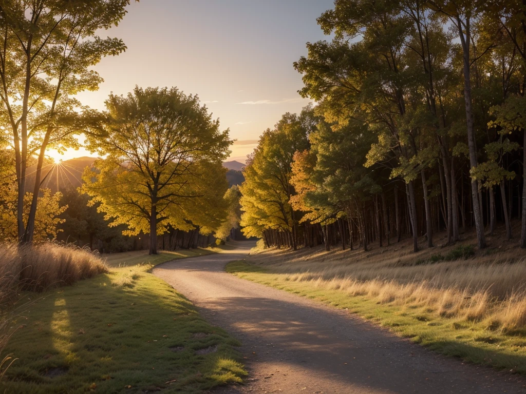 muestra un paisaje al atardecer. The sky is painted with warm shades of orange and gold, creating a serene and welcoming atmosphere. En el centro de la imagen, A path winds through a field of golden grass, illuminated by the soft light of the sun that is setting on the horizon. A lo largo de la vereda, small flashes of golden light reflect on the stones of the path, adding a magical touch to the scene. Alrededor, stylized trees with leaves in amber and gold tones create a natural frame, highlighting the beauty of the autumn landscape. The combination of warm colors and the feeling of peace that emanates from the image make this wallpaper a perfect complement