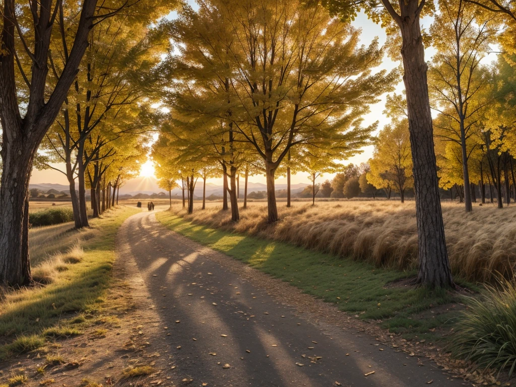 muestra un paisaje al atardecer. The sky is painted with warm shades of orange and gold, creating a serene and welcoming atmosphere. En el centro de la imagen, A path winds through a field of golden grass, illuminated by the soft light of the sun that is setting on the horizon. A lo largo de la vereda, small flashes of golden light reflect on the stones of the path, adding a magical touch to the scene. Alrededor, stylized trees with leaves in amber and gold tones create a natural frame, highlighting the beauty of the autumn landscape. The combination of warm colors and the feeling of peace that emanates from the image make this wallpaper a perfect complement