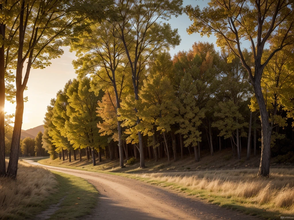muestra un paisaje al atardecer. The sky is painted with warm shades of orange and gold, creating a serene and welcoming atmosphere. En el centro de la imagen, A path winds through a field of golden grass, illuminated by the soft light of the sun that is setting on the horizon. A lo largo de la vereda, small flashes of golden light reflect on the stones of the path, adding a magical touch to the scene. Alrededor, stylized trees with leaves in amber and gold tones create a natural frame, highlighting the beauty of the autumn landscape. The combination of warm colors and the feeling of peace that emanates from the image make this wallpaper a perfect complement