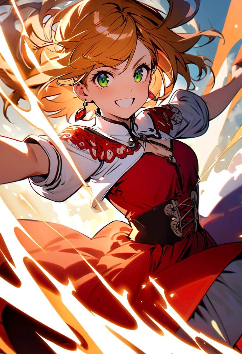 Girl with waist-length orange blond hair, Green Eyes, Red off-the-shoulder dress, Blue and white cropped jacket, Red earrings, Energetic smile