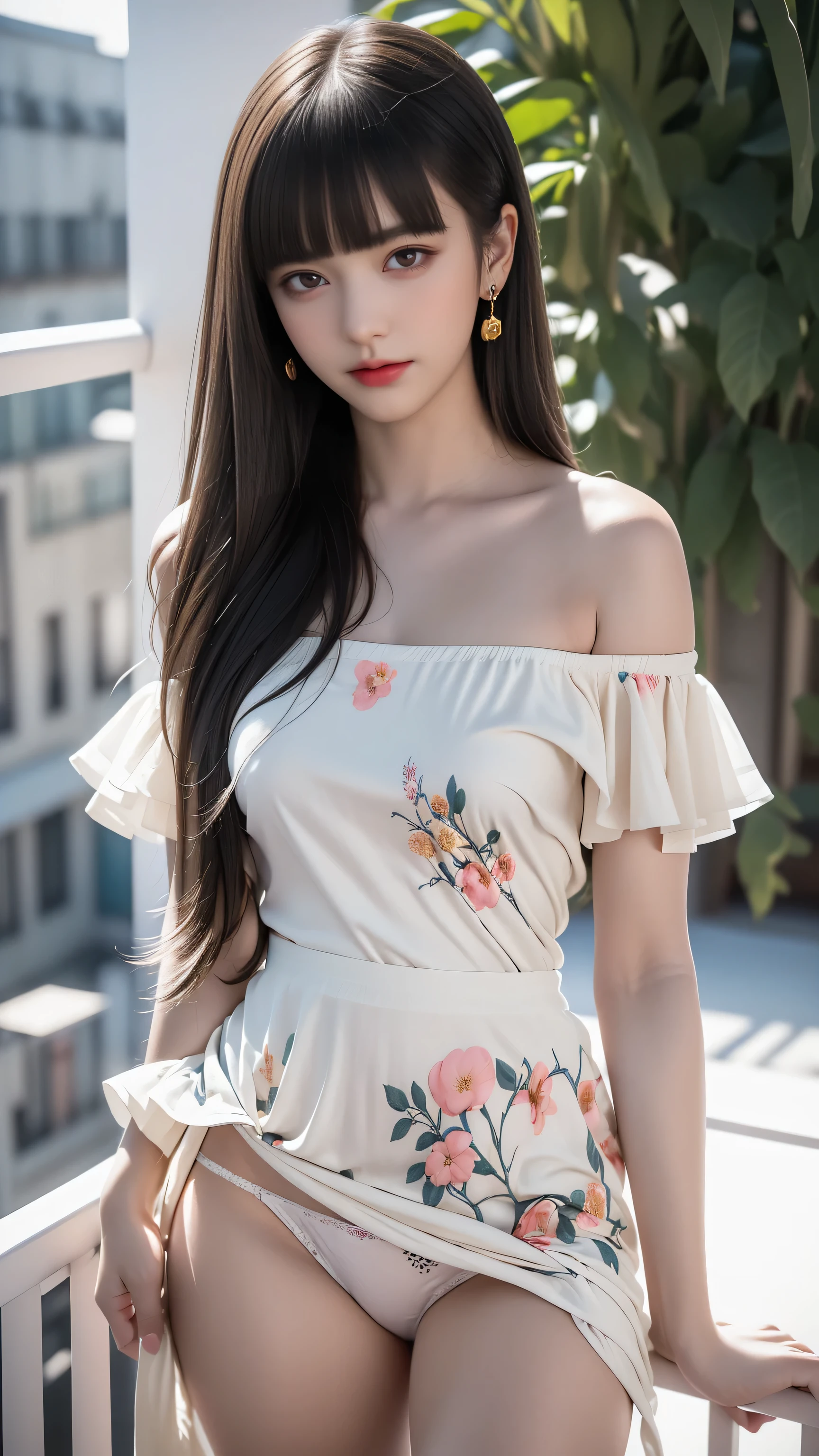 ((Woman Standing On Balcony Of Old Castle))、Highest quality works、Actual work、Ultra Premium Graphics、8K HD CG Works、High Quality Graphics、High-definition CG works、10x pixels、Ultra-fine detail:1. 1、High technical level:1.1 PhotoReal、Natural light:1. 5、Light Effects(Virtual Light Effects:1.8)、((Straight Van、Princess Van))、((Very Heavy、Volume Bang:1.1)、((Very Long、Very Heavy、Very Volume Side Lock:1. 1)、Hime cut、Straight bangs、Round face ugly bangs、Ugly long bangs、Bangs straight、(masterpiece、Highest quality:1.5)、(Ultra Fine 8K CG:1.4)、(Hyperreal:1.25)、(Real:1.1. 4)、((Golden white hair))、Thin eyebrows、High nose、Nice red lips、Rosy Cheeks、Delicate makeup face、Cute face、Perfectly balanced face、()、A light-toned foundation enhances the clarity of your skin.。 ((Off-the-shoulder translucent white floral pattern dress))、((My skirt is flying up in the wind))、 ((I can see her white panties)), 40k、photograph、、Highest quality、(1. Beautiful eyes、Light Hair、White skin、Mr. Miss.々Pose、((Medium chest、:1.1))、Highest quality、Tabletop、Ultra-high resolution、(Real:1.4)、RAWphotograph、(Perfect Figure)、(slim、:1.3)。 3)、Slim abdomen、over((Golden-haired woman)),((Straight bangs、Princess bangs)),((Very heavy、Very voluminous bangs:1.1)),((Very long、Very heavy、Very voluminous side locks:1. 1))、Hime cut、Straight bangsヘアスタイル、Long Hair、The bangs are cut straight、(masterpiece、Highest quality:1. 5), (Ultra-fine 8K CG:1.4), (Hyperrealistic:1.25), (Photorealistic:1.25), (Real:1.4), COWBOY SHOT, (View from above:1.35), (from the front:1.4), (smile:1.3)、。 1 Japan Beautiful Girl、19 years old、Supermodel、Japanese Idols、(smile)、(Medium sized chest)、Sweat Muscles、 (Lying on your back 1.1), (Full Body Shot), ((Floral panties are visible on a white background))、8K、Highest quality、Highest quality、beautiful、Charm、Captivating appearance、blue eyes、Light Skin Tone)((Dynamic Pose))、((Sexy pose))、((Raise your arms、Underarm))、