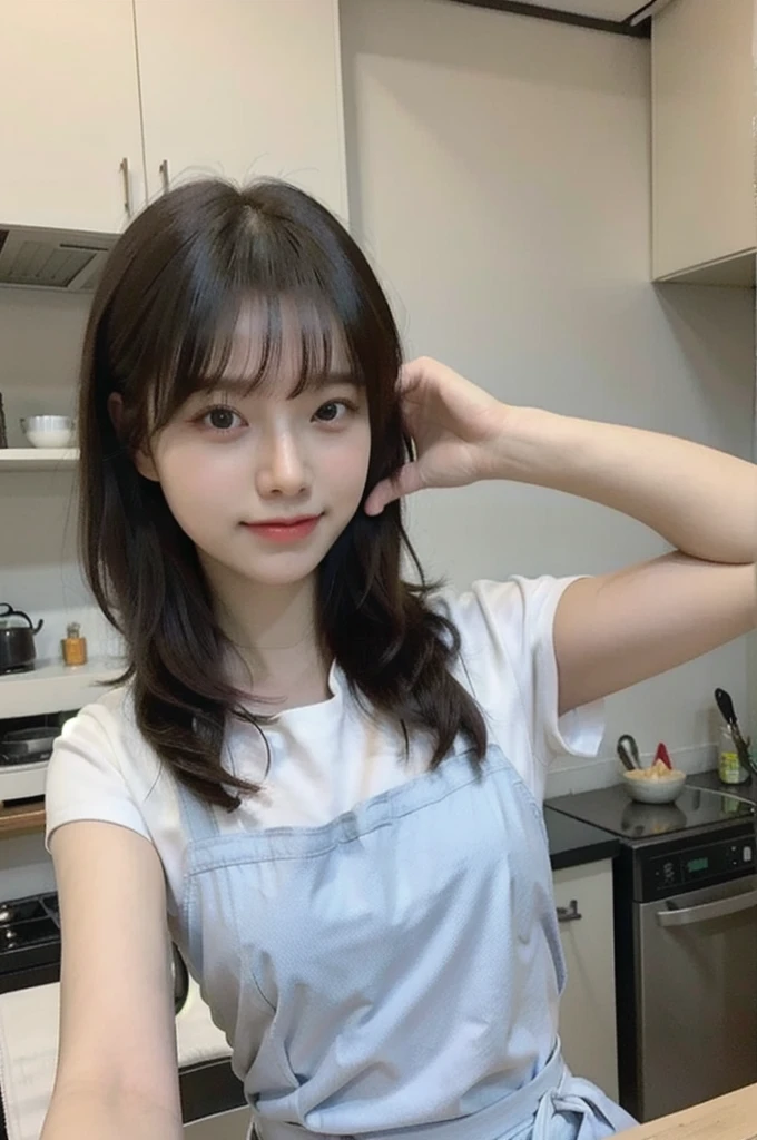 A woman is cooking、(kitchen_apron:1.Wear 3)、Good move、4K、High resolution、masterpiece、Highest quality、cap:1.3、((Hasselblad Photos))、Fine skin、Sharp focus、(Cinematic lighting)、Soft lighting、Dynamic Angle、[:(Detailed face:1.2):0.2]、Medium Chest、Sweaty skin:1.2、(((In the kitchen))) Laughter　Viewer Perspective　Huge boobs　Beautiful body　Her hair is neatly tied
