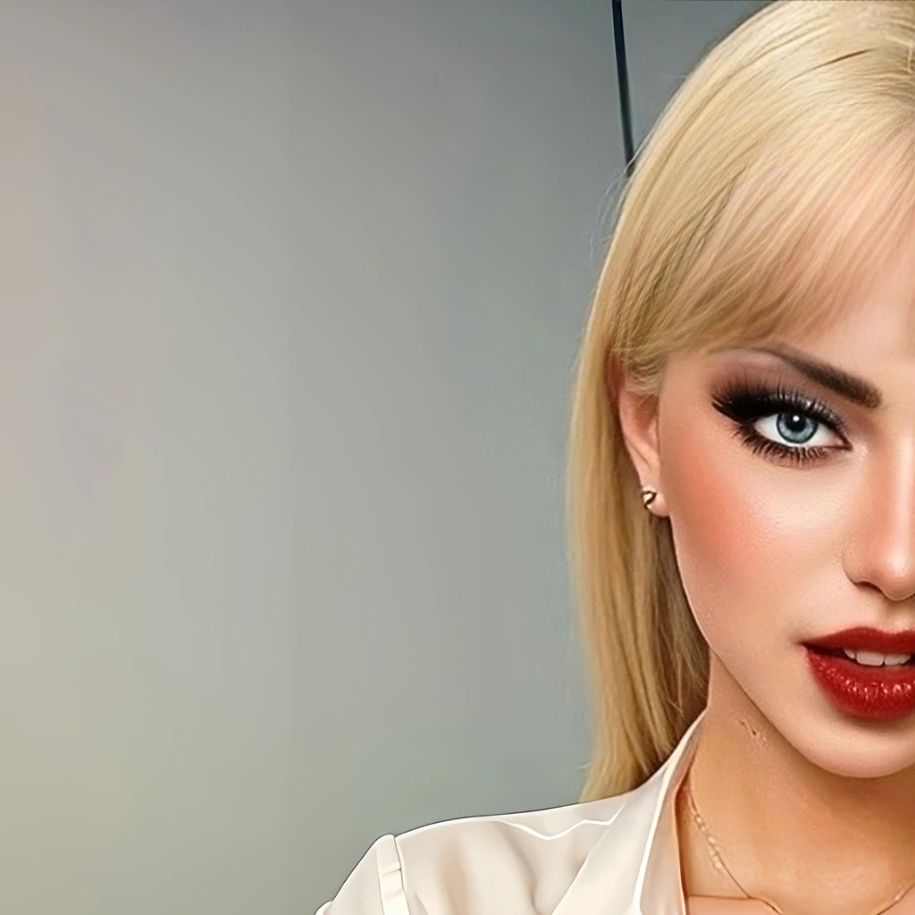 blond woman in a white shirt and black pants posing for a picture, blonde goddess, better known as amouranth, amouranth, hyperrealistic , really large bust, sfw huge breasts, giant stunning goddess shot, angelawhite, a hyperrealistic , blonde hair and large eyes, a gorgeous blonde, inspired by Hedi Xandt