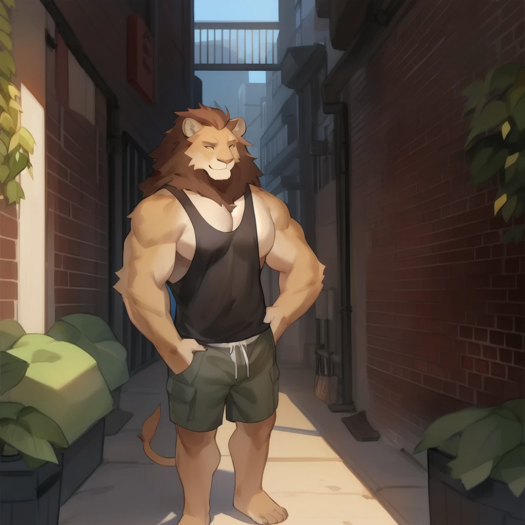 Solo, male, lion, muscular, medium bulge, smiling, tank top, cargo shorts, hair, big pecs, big biceps, alleyway, plants, golden hour, dramatic lighting, by bebebebebe
