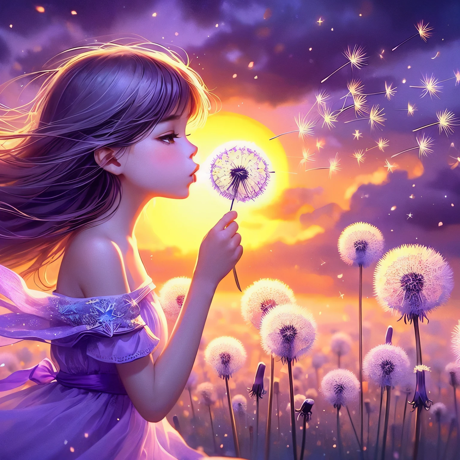 to blow on dandelion fluff and imagine, A cute and very beautiful woman in a purple dress with the sun in the background holding on to a star encrusted dandelion husk floating over a violet and orange-yellow sky lofted on the winds of a changing world lost in the whims of time.
