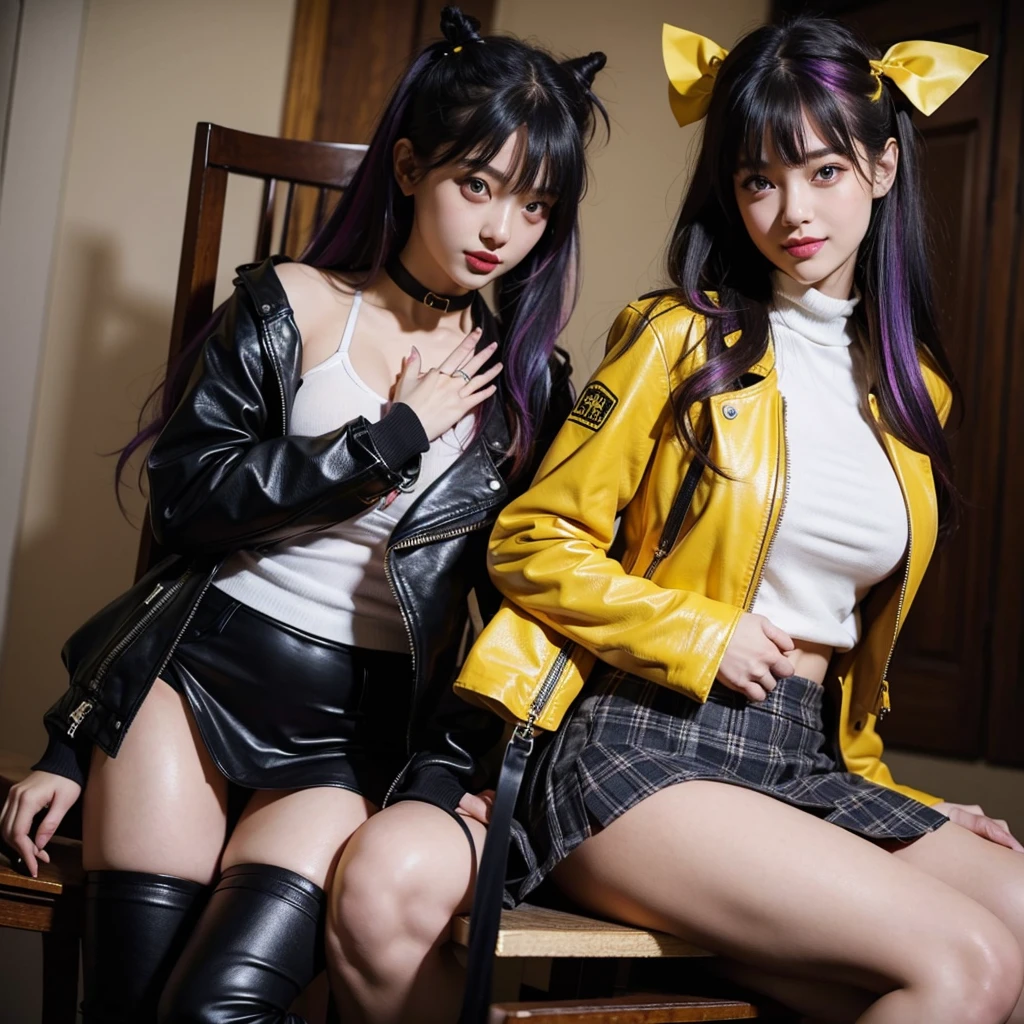 bangs down，beautiful girl，Purple Leather Jacket，future fashion，Absurd，Maid clotheasterpiece，perfect face，perfect breasts，long hair，Outstanding style，stimulating，Cute outfits，Horny girl，double eyelid，Naughty Girls，Erotic and cute，mini skirt，ribbon on uniform，colorful hair color，yellow eyes，leather jacket，horny girl，Knee-high boots， Colorful，multicoloured，future fashion，smile，，zipper bra，Multicolored clothing