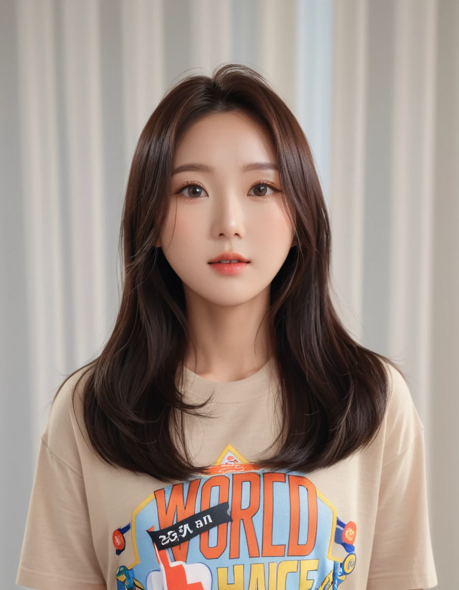 Best Quality, 8k, Masterpiece, (Portrait: 1.3), (photo realistic:1.4), (hyper realistic:1.4), Sharp Focus, looking at viewer, (smoother lighting:1.1), (increase cinematic lighting quality:0.9), realistic lighting, backlighting, light on face, ray trace, (brightening light:1.2), (Increase quality:1.4), sharp detail, (best quality real texture skin:1.4), finely detailed eyes, black_eyes, finely detailed face, 25 year old Korean woman, (beige t-shirt:1.4), (Create an image maintaining the original base model hairstyle:1.5)