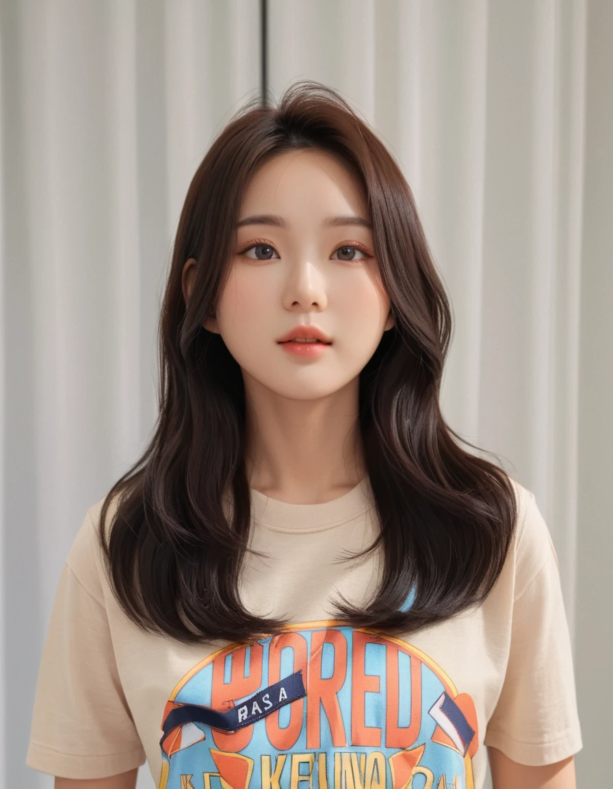 Best Quality, 8k, Masterpiece, (Portrait: 1.3), (photo realistic:1.4), (hyper realistic:1.4), Sharp Focus, looking at viewer, (smoother lighting:1.1), (increase cinematic lighting quality:0.9), realistic lighting, backlighting, light on face, ray trace, (brightening light:1.2), (Increase quality:1.4), sharp detail, (best quality real texture skin:1.4), finely detailed eyes, black_eyes, finely detailed face, 25 year old Korean woman, (beige t-shirt:1.4), (Create an image maintaining the original base model hairstyle:1.5)