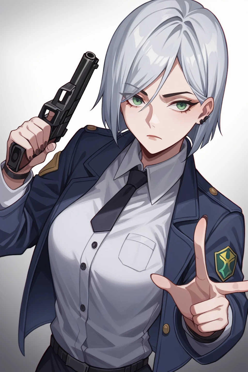 anime girl in uniform holding a gun and pointing it at the camera, officer, policewoman, Trigun Stampede style, short hair, straight hair, Viper | Valorant, Jane | Alchemy Stars, White Shirt, blue blazer, thicc, casual pose, 
a-1 pictures, high quality fanart, portrait n - 9, 