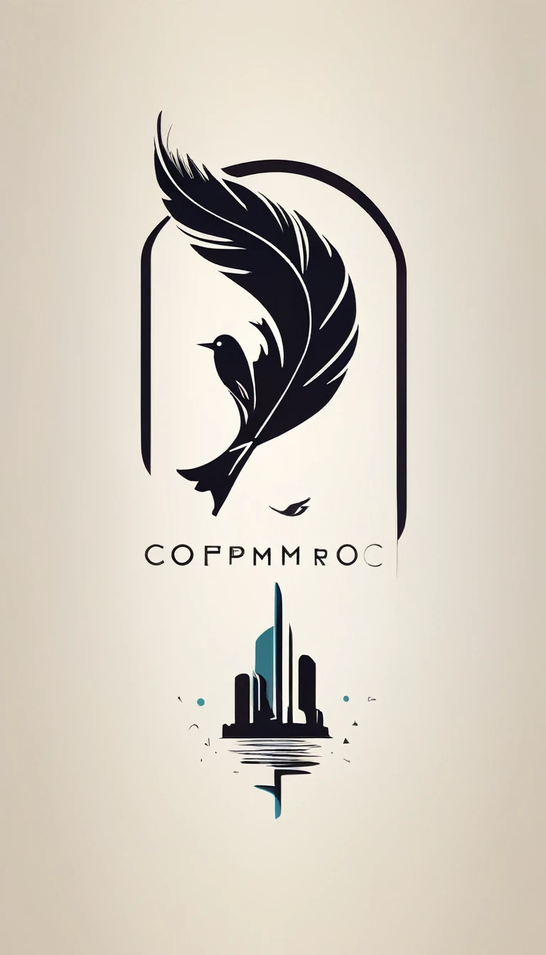 Create a cinematic, abstract symbol for a film production company based on stories and music. The logo should represent the companionship between a boy musician, A Storyteller Fantasy Bird and a Dreamy Feather. Minimalist symbol design