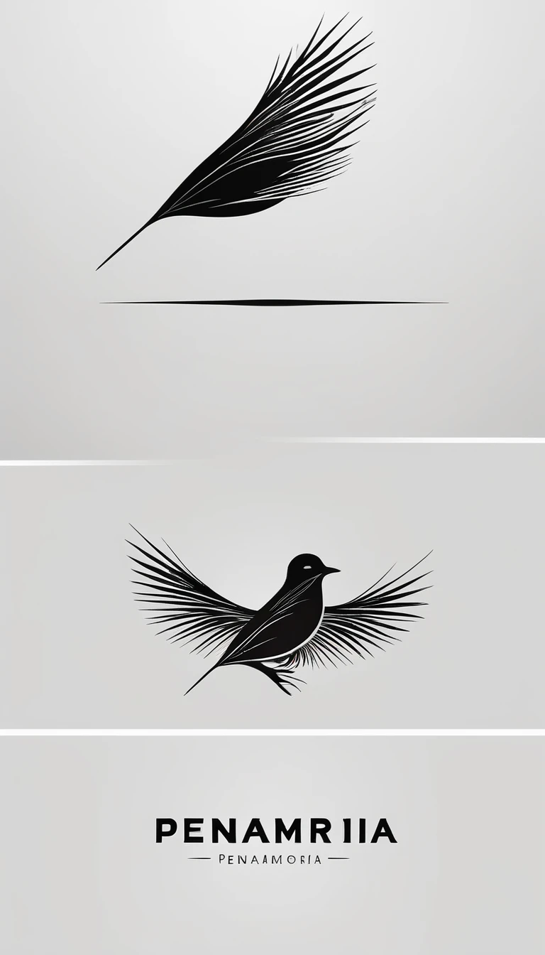 A minimal, modern, simple, cinematic logo design for the brand “Penamemoria". Create a modern, minimalistic, high-quality, logo of a bird with special and thin threads as tail