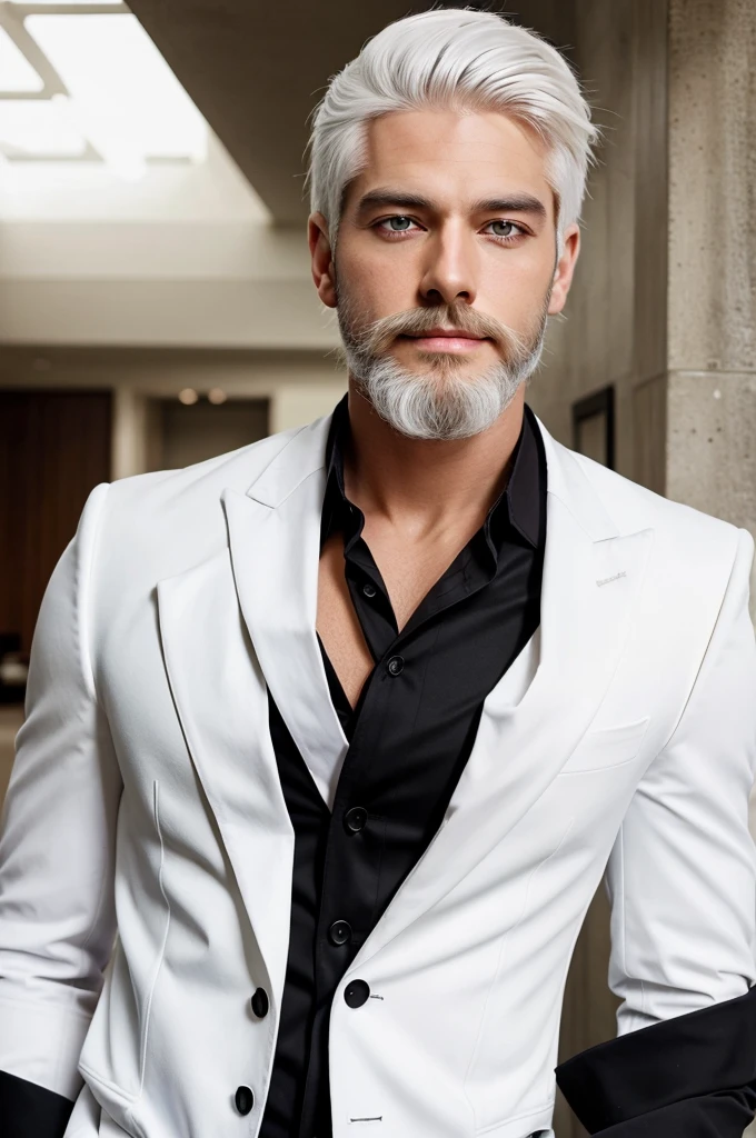 A white haired and red eye with black blazer white shirt handsome beard smirking