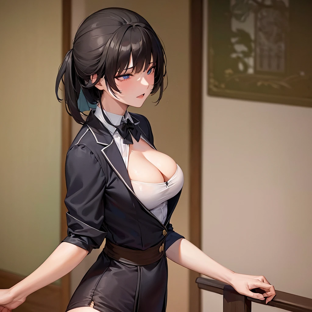 ((masterpiece)), ((Highest quality)), (Very detailed)，Adult women，1boy、((vaginal,standing,from side、sex,1boy))，1 girl, alone,Demon Slayer Uniform、Inside the ryokan、 ((Beautiful Eyes)), Very large breasts，Cleavage、Naughty atmosphere and pose