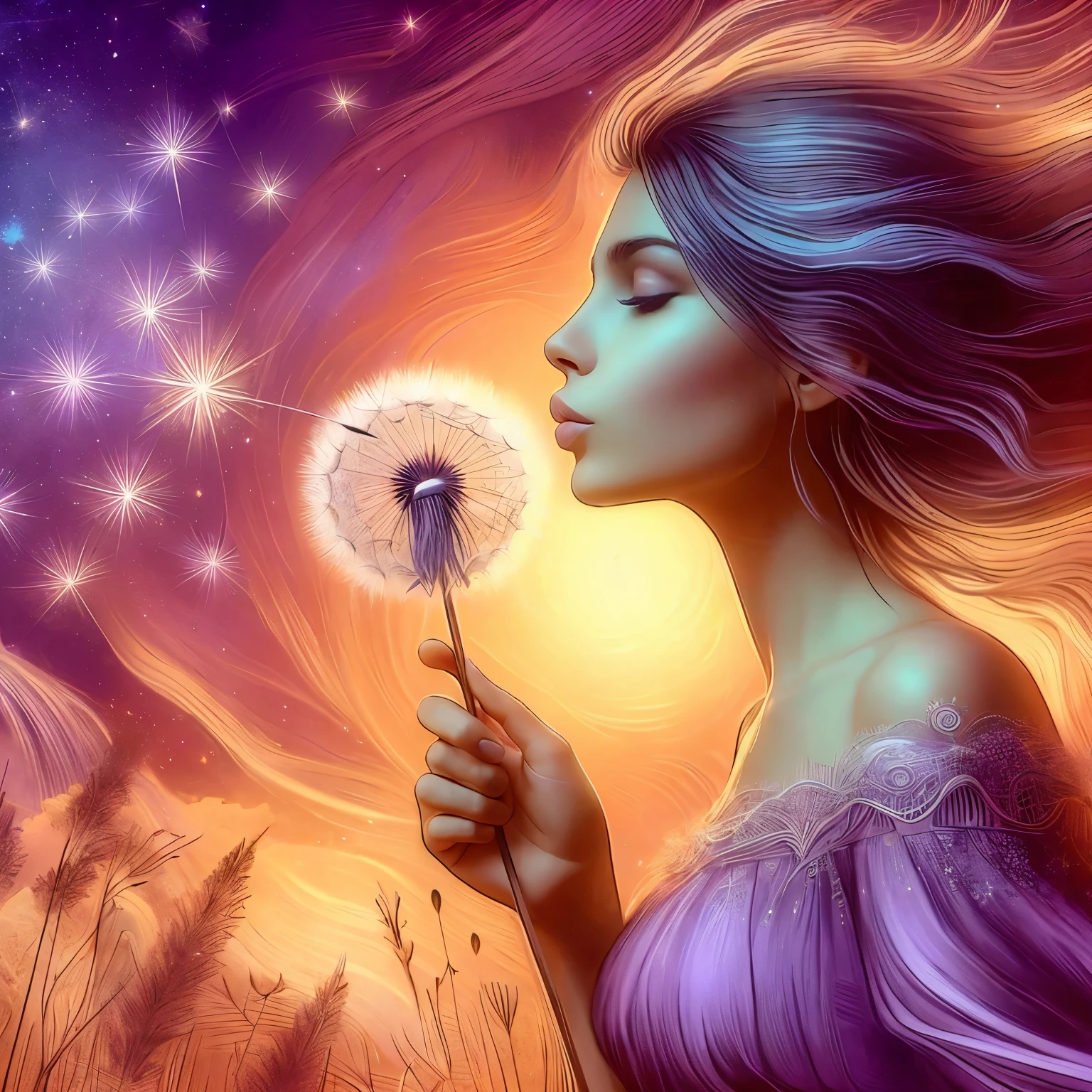 to blow on dandelion fluff and imagine, A cute and very beautiful woman in a purple dress with the sun in the background holding on to a star encrusted dandelion husk floating over a violet and orange-yellow sky lofted on the winds of a changing world lost in the whims of time.