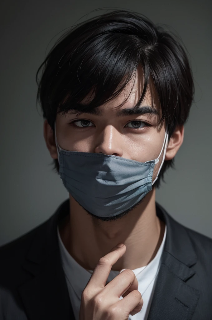 Gloomy man with a mask in his hand covering half of his face 

