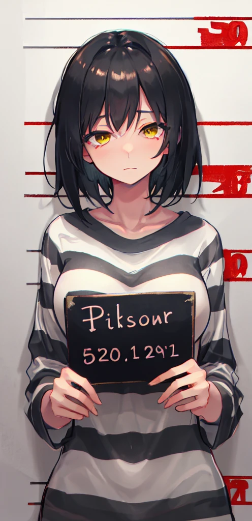 masterpiece, best quality, illustration, mugshot, height chart, 1girl, upper body, holding sign, looking at viewer, medium breasts, short black hair, narrowed yellow eyes, prison clothes, striped shirt