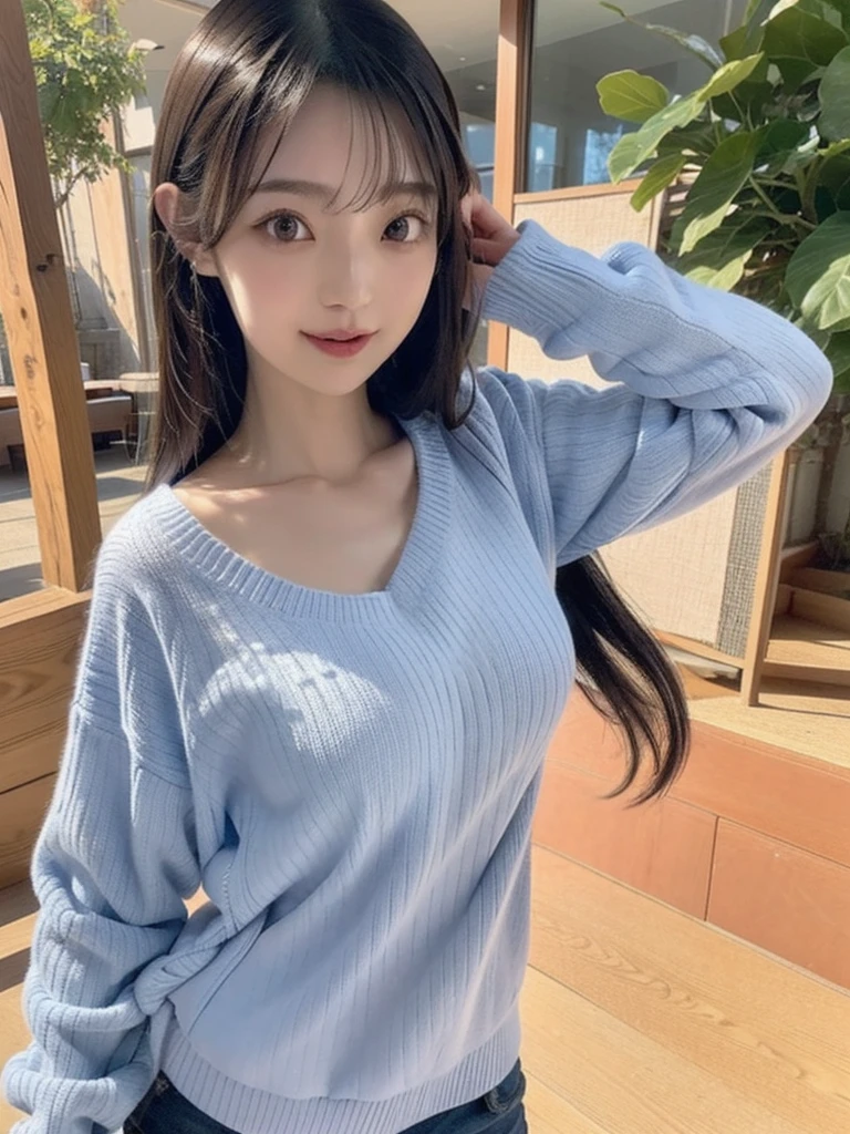 masutepiece, Best Quality, Photorealsitic, finely detail, hight resolution, 8K Wallpapers, Perfect dynamic composition, Beautiful detailed eyes, long Hair, poneyTail、Medium chest, Random and sexy poses,Bring your chest together、(Tight Blue Knitwear)、(Breast bulge)、A smile、open open mouth、The tip of the tongue is visible、Beautiful resort scenery、24-years old、(Drooping eyes 1.4)、Adult beauty、japanes、Raise one hand、Beautiful armpits, 1girl, solo girl,