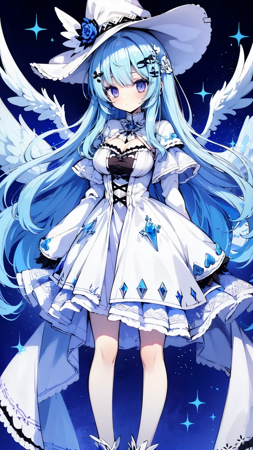 Solo woman, very large white witch hat, white dress, grey fur coat, long blue hair, light blue skin, purple eyes, elegant, high detail, four arms, beautiful, 4k Ultra HD, Blue filter, starts and moon background