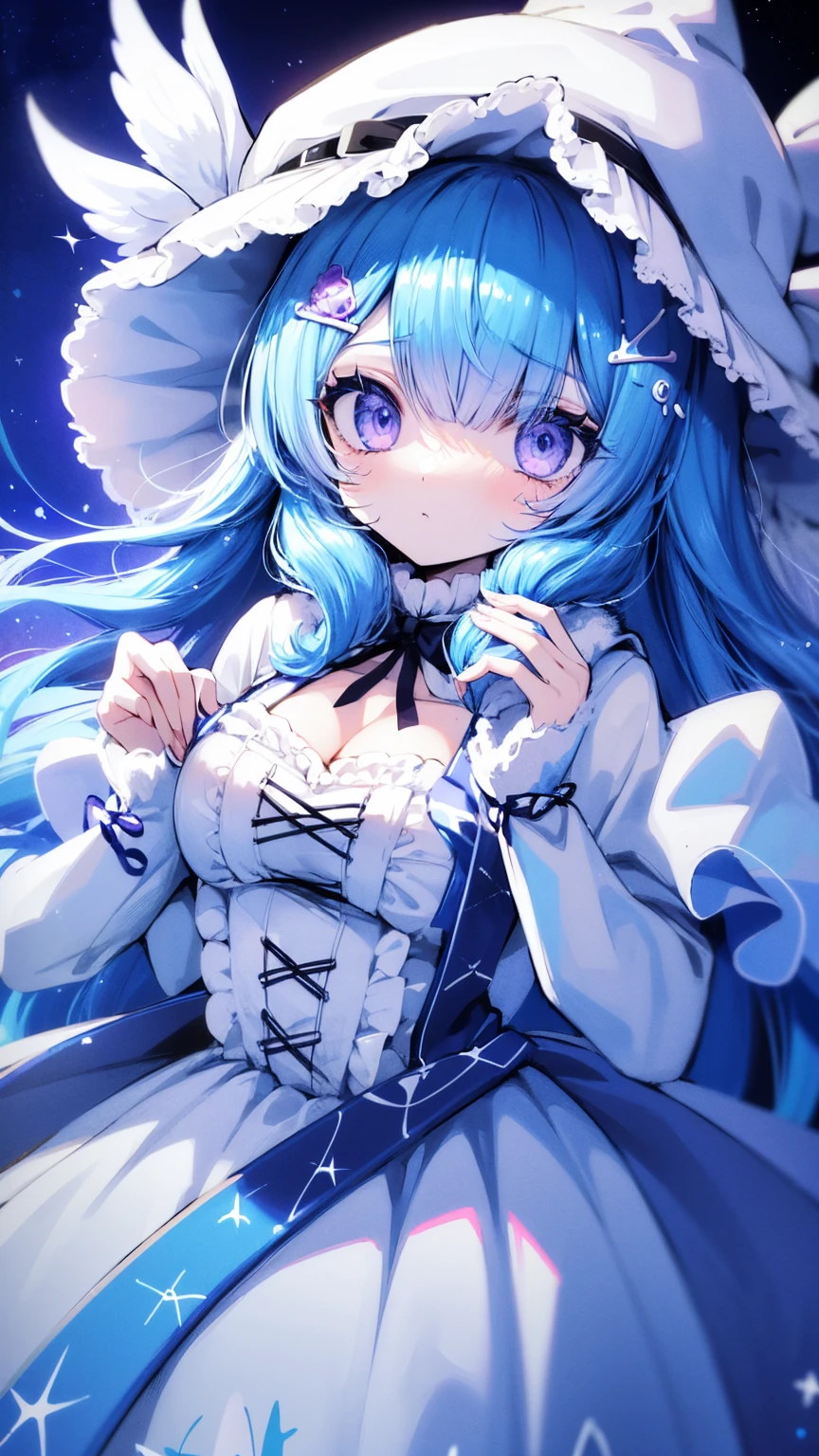 Solo woman, very large white witch hat, white dress, grey fur coat, long blue hair, light blue skin, purple eyes, elegant, high detail, four arms, beautiful, 4k Ultra HD, Blue filter, starts and moon background