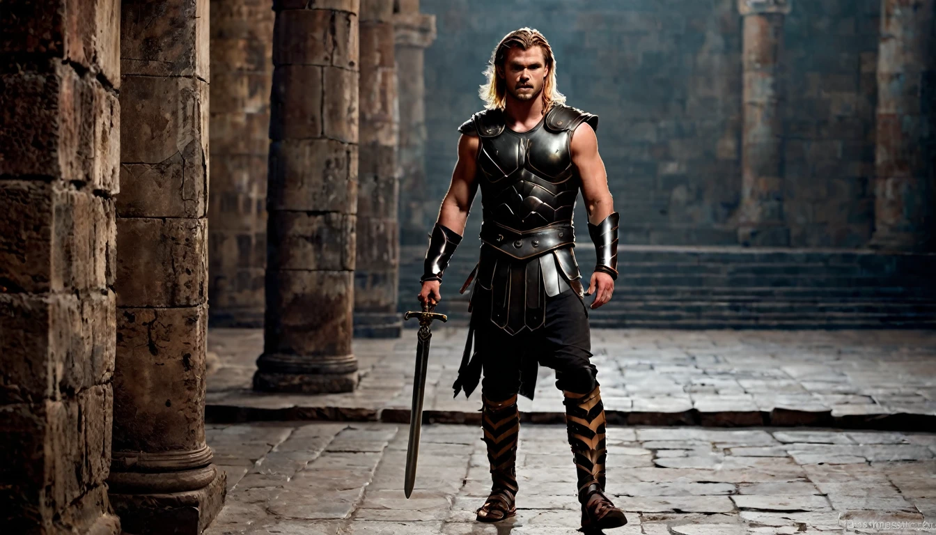 Chris Hemsworth, long blonde hair, dressed in gladiator armor, carrying a sword in his hand, walking in the arenas of the coliseum, (his entire body can be seen) dark image, noir image, ethereal image, somber atmosphere. highly detailed image, sharp focus, studio photography, xf iq 4, 1 5 0 0 0 0 mp, 5 0 mm, iso 2 0 0, 1/1 6 0 s, realistic, natural light, octane rendering, adobe lightroom , thirds resolution, symmetrical balance, depth layers, polarizing filter, ..., hd, color optics, ..., hd, opaque color,