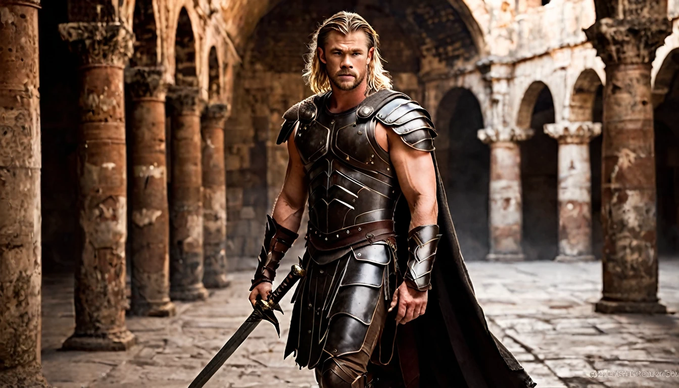 Chris Hemsworth, long blonde hair, dressed in gladiator armor, carrying a sword in his hand, walking in the arenas of the coliseum, (his entire body can be seen) dark image, noir image, ethereal image, somber atmosphere. highly detailed image, sharp focus, studio photography, xf iq 4, 1 5 0 0 0 0 mp, 5 0 mm, iso 2 0 0, 1/1 6 0 s, realistic, natural light, octane rendering, adobe lightroom , thirds resolution, symmetrical balance, depth layers, polarizing filter, ..., hd, color optics, ..., hd, opaque color,