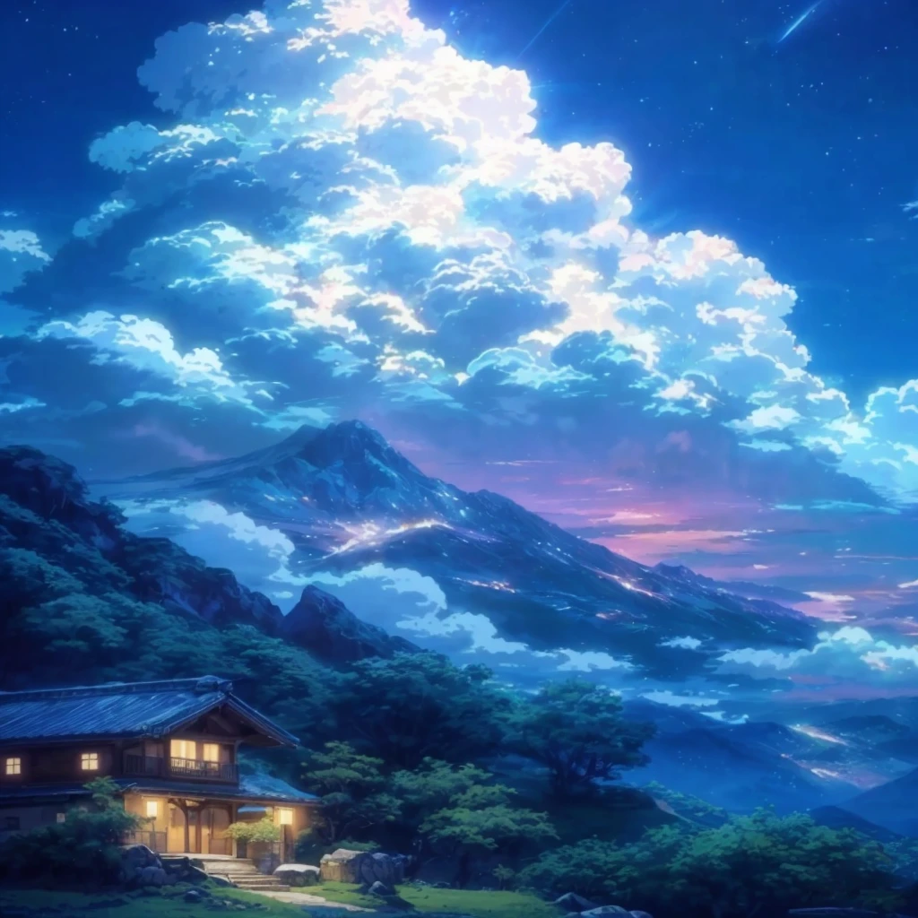 a painting of a house in the middle of a mountain with a sky background, linda cena de anime, Nuvens de anime, fundo de anime, beautiful anime scenery, paisagem de anime wallpaper, anime linda cena de paz, fundo de filme de anime, Anime heaven, anime scenery, Natureza dos animes, paisagem de anime, atmospheric anime, atmospheric anime, papel de parede de anime 4k, papel de parede de anime 4k
