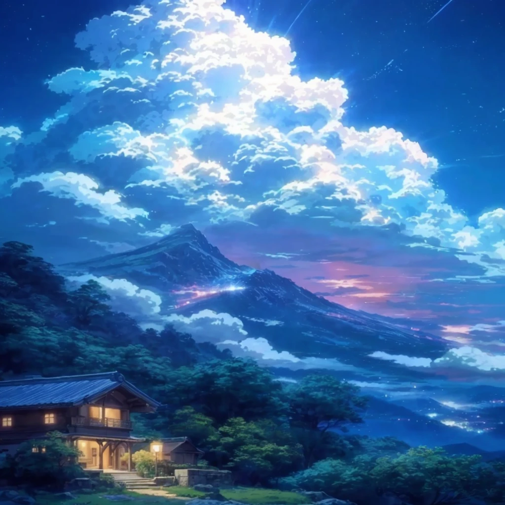 a painting of a house in the middle of a mountain with a sky background, linda cena de anime, Nuvens de anime, fundo de anime, beautiful anime scenery, paisagem de anime wallpaper, anime linda cena de paz, fundo de filme de anime, Anime heaven, anime scenery, Natureza dos animes, paisagem de anime, atmospheric anime, atmospheric anime, papel de parede de anime 4k, papel de parede de anime 4k