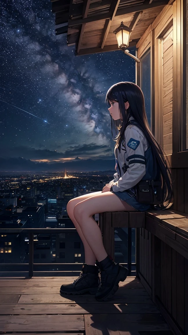 octane, Invalid, Star (Invalid), landscape, Starry Invalid, night, A girl, night Invalid, Solitary, outdoor, architecture, cloud, Milky Way, sit, wood, Long hair, City, contour, Cityscape
