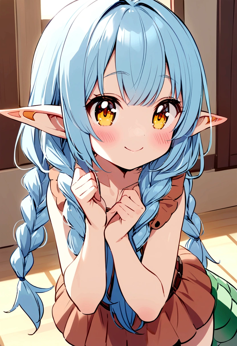 cute young girl, light blue hair, long hair, small braids hair, yellow eyes, dragon horn, dragon tail, elf ear, muscular body, small breast, cute outfit, cute pose, blushing, smile