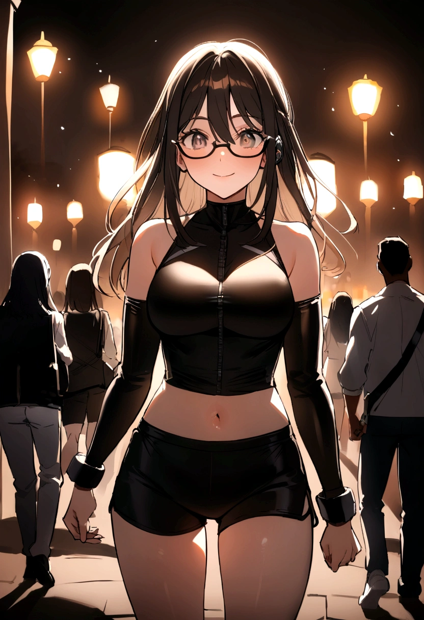 Obra maestra, mejor calidad, high resolution, extremadamente detallado, antecedentes detallados, cinematic lighting, 1 chica, caminando , gimnasia, shorts fitness negro y overside negra, Hearing aids , sonrisa, mochila, de pie, long dark brown straight hair, con fleco, medio morena con lentes negros ojos cafes oscuro