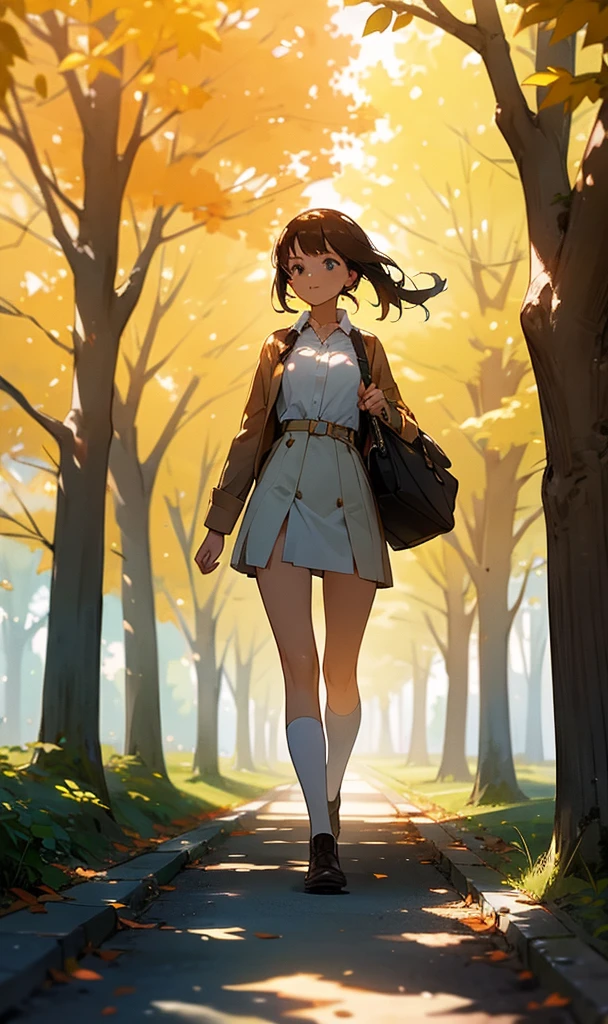 A beautiful girl walks on the tree-lined path on campus,The warm sunlight shines through the sparse leaves onto the girl's face,Make it look more beautiful。The girl is tall,Fair skin,Beautiful facial features,Wearing a pure white shirt,Unbutton a few buttons at the collar,Revealing the white and delicate neck and half of the round and slender clavicle,Plump and firm breasts,Round and upright,Slim and soft waist,Long and straight legs,Wearing a pair of black sneakers。