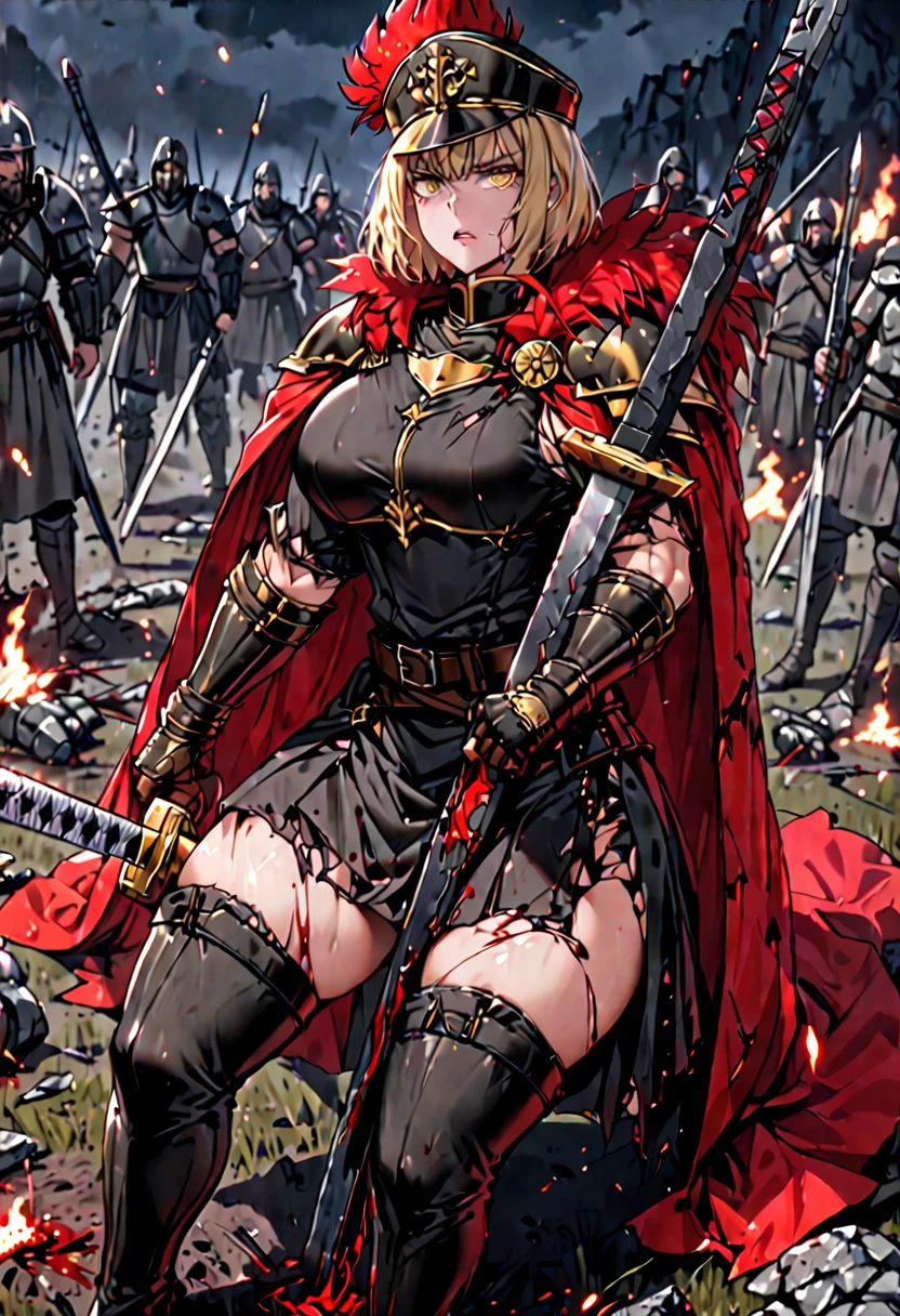 Solo, female, sfw, short hair, blonde hair, extremely tall, large woman, golden eyes, black military uniform, red cape, thigh boots, blood, battlefield, military hat, plume, muscular, leather gloves, huge bastard sword broken on the ground, roman skirt, armor:0.9, night, medieval, strong thighs, torn clothes, defeated on the ground, close up, frustrated