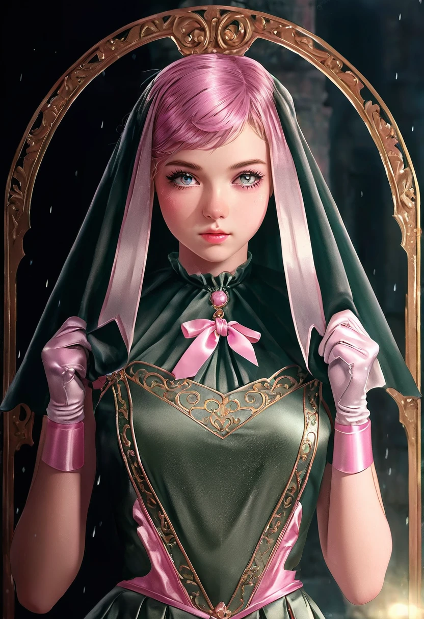 (Ultra-detailed eyes), (((textile shading))), (((Best Quality))), (((masutepiece))), (((Ultra-detailed CG))), depth of fields, , (((magical little girl)), (tiny chest), Pink hair, ((Short hair)), Pink eyes, (((Pink Satin Dress, Sleeveless Satin Dresses))), pink satin skirt, Pleated skirt, ((elbow groves)), Long gloves, White Satin Gloves, White garter belt, white satin knee socks, white satin color, Pink satin ribbon on the chest, (((Highly detailed super shiny smooth satin garment))), (((super shiny smooth satin gloves))), (((Game CG))), ((nigh sky, Old ruins)), ((heavy lotion rain)), ((Narrow passage)), (manfully, angry, Fighting, Armpit)