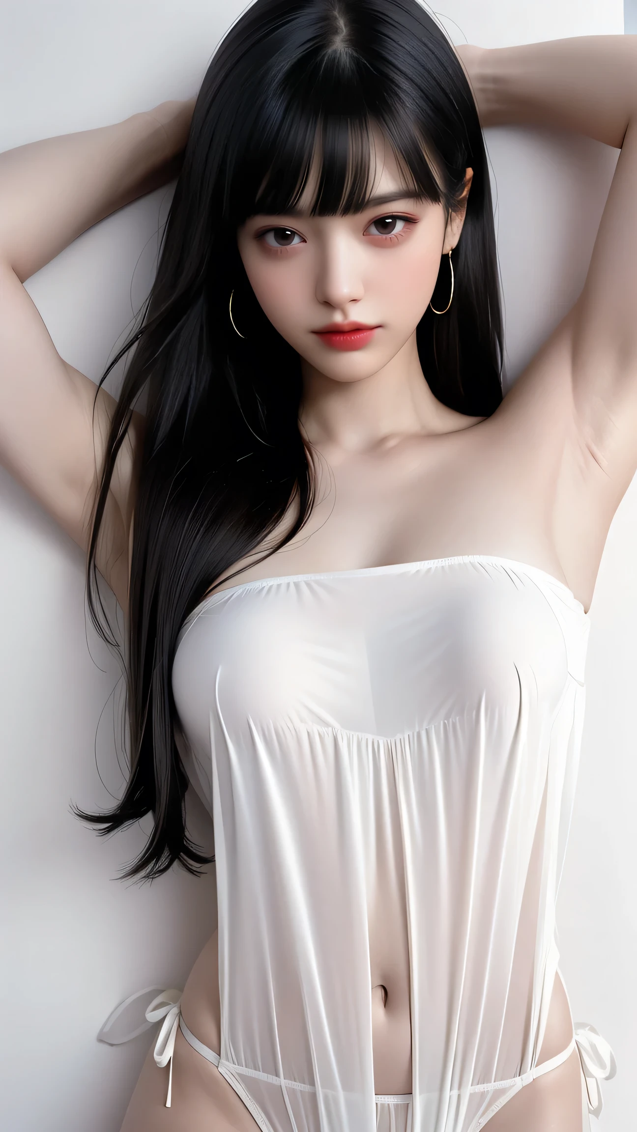 40k、photograph、、Highest quality、(1. Beautiful eyes、Light Hair、White skin、Mr. Miss.々Pose、((Medium chest、:1.1))、Highest quality、Tabletop、Ultra-high resolution、(Real:1.4)、RAWphotograph、(Perfect Figure)、(slim、:1.3)。 3)、Slim abdomen、((Golden-haired woman)),((Straight bangs、Princess bangs)),((Very heavy、Very voluminous bangs:1.1)),((Very long、Very heavy、Very voluminous side locks:1. 1))、Hime cut、Straight bangsヘアスタイル、Long Hair、The bangs are cut straight、(masterpiece、Highest quality:1. 5), (Ultra-fine 8K CG:1.4), (Hyperrealistic:1.25), (Photorealistic:1.25), (Real:1.4), COWBOY SHOT, (View from above:1.35), (from the front:1.4), (smile:1.3)、。 1 Japan Beautiful Girl、19 years old、Supermodel、Japanese Idols、(smile)、(Medium sized chest)、Sweat Muscles、(Off-the-shoulder semi-transparent white maid outfit:1.4)、COWBOY SHOT (Black and white monotone maid outfit 1.1), (Lying in bed 1.4), (Lying on your back 1.1), (Put your head on the pillow 1.1), (Full Body Shot), ((Floral panties are visible on a white background))、8K、Highest quality、(Real、realism:1.37）、Highest quality、beautiful、Pensive expression、Charm、Captivating appearance、blue eyes、Light Skin Tone）((Dynamic Pose))、((Sexy pose))、((Raise your arms、Underarm)）、（top down：1.2）、