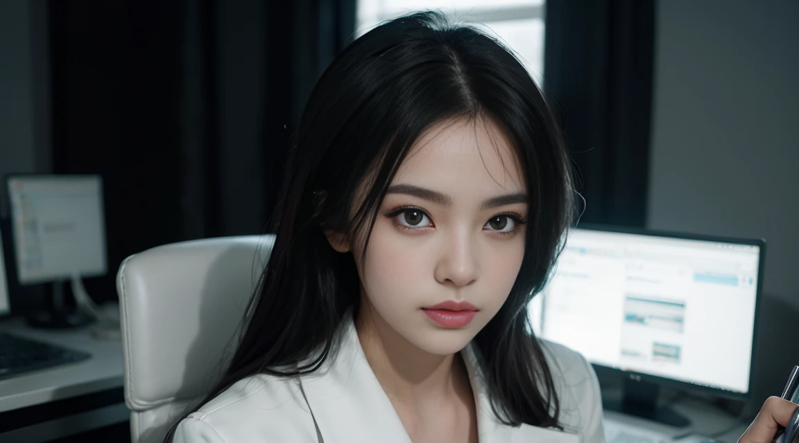 Beautiful female doctor in white coat, stethoscope around neck, full body, hospital examination white room, sitting cross-legged on office chair, thighs peeking out from white coat, black stockings, computer and keyboard on desk, (Excellent photograph, Best picture quality, High resolution: 1. 4), detail, extreme color, (Beautiful face) Ambient Soft Lighting, 4K, Bokeh, Background Blur, Depth of Field, Bokeh, Free Viewpoint, Photography, Attractive Young Woman, (Beautiful Face: 1.1), Narrow Eyes, Luscious Lips, (Smoky Eye Makeup: 0.85), (Moody Lighting: 1.2), Depth of Field, Bokeh, 4K, HDR.