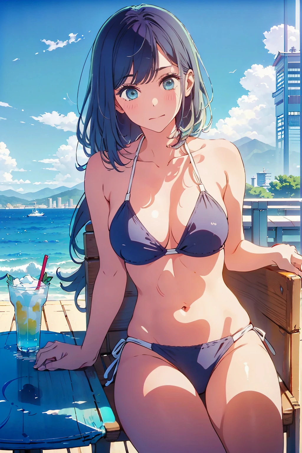 Highest quality,8k,detailed,F cup bust、Big Breasts、Slim and beautiful arms、Slim body、Very white beautiful skin、((((1 person、smile、Swimwear、She is wearing a white side-string high-leg bikini、smile、sit、Leaning back in a chair、In the background are the urban buildings of Tokyo、Outdoor café terrace、Drink juice、coastal、table、Shooting from a distance、Navy hair color、Cheek resting on hand、Very cute face))))、Sexy pose、Very blue sky、A completely cloudless sky、She tilted her head slightly、The atmosphere is bright and lively、The woman is at the center of the image。