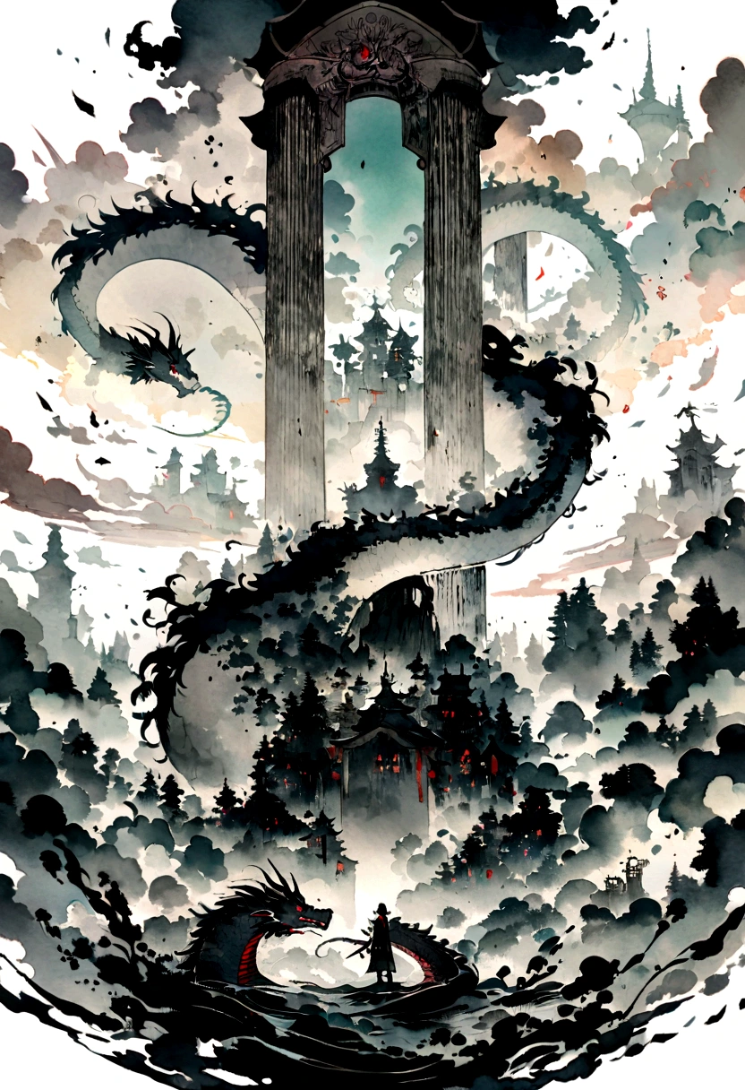 Detailed Chinese dragon painting，Red dragon hovering in the clouds, ink and watercolor painting，water ink，ink，Soil，Vision，Ultra-wide viewing angle，meticulous，water ink，Soil，meticulous，Soil，Low saturation，Low contrast，Beautifully depicted，White dragon wrapped around the pillar