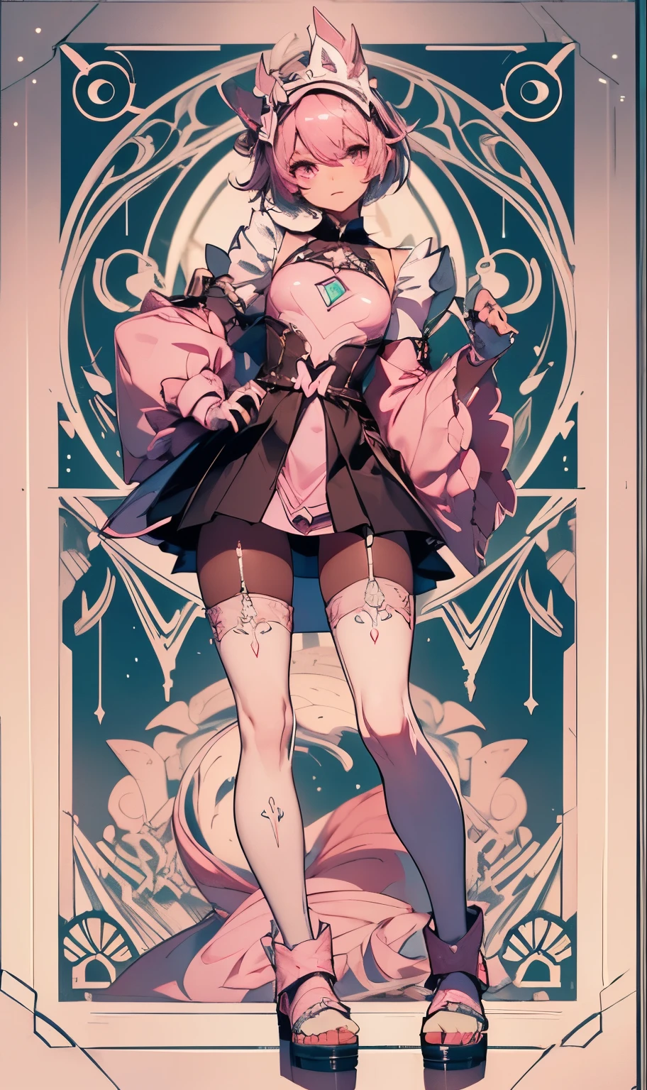 (Ultra-detailed eyes), (((textile shading))), (((Best Quality))), (((masutepiece))), (((Ultra-detailed CG))), depth of fields, , (((magical little girl)), (tiny chest), Pink hair, ((Short hair)), Pink eyes, (((Pink Satin Dress, Sleeveless Satin Dresses))), pink satin skirt, Pleated skirt, ((elbow groves)), Long gloves, White Satin Gloves, White garter belt, white satin knee socks, white satin color, Pink satin ribbon on the chest, (((Highly detailed super shiny smooth satin garment))), (((super shiny smooth satin gloves))), (((Game CG))), ((nigh sky, Old ruins)), ((heavy lotion rain)), ((Narrow passage)), (manfully, angry, Fighting, Armpit)