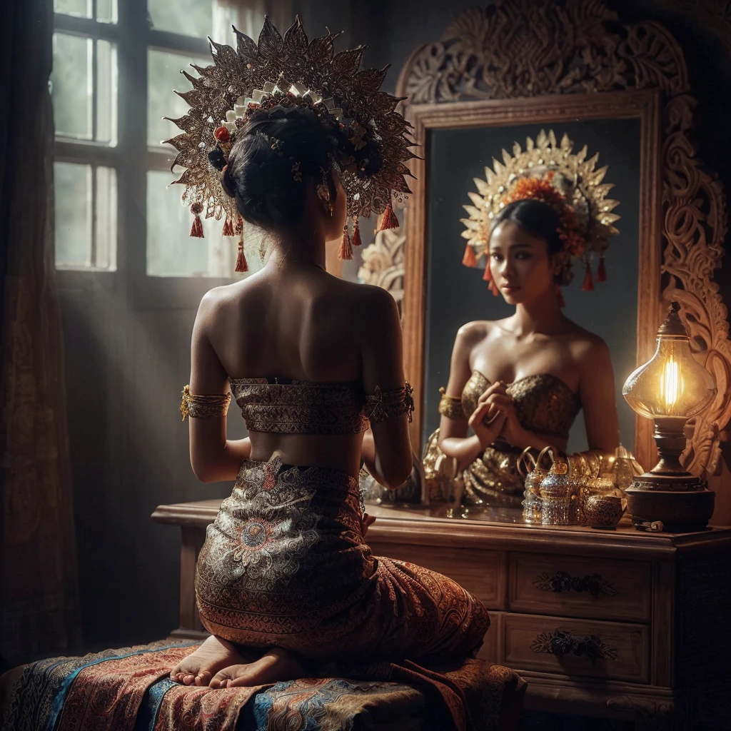 hyper realistic photography (((ultra detailed object))) shade backlight lighting treatment naturally, a girl wearing traditional bali`s pendet dancer clothes & batik sarong sit down looking at mirror ((there`s her reflection on mirror)) at her modest beauty desk (she is holding her traditional tiara) she is looking at the mirror preparing for her show performance, on her room at traditional indonesian home, show back of her body, dark dramatic mood, 1 source of light a tungsten lamp on the corner