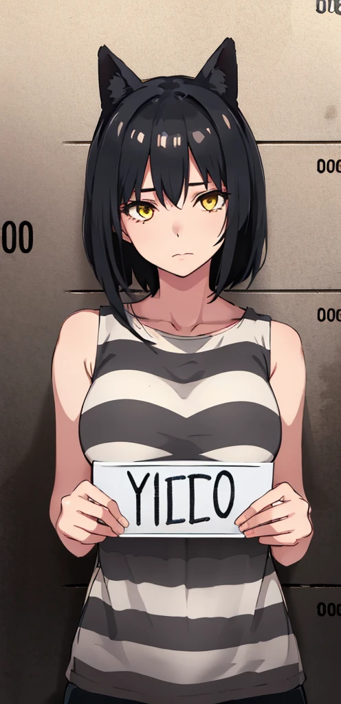 masterpiece, best quality, illustration, mugshot, height chart, 1girl, upper body, holding sign, looking at viewer, medium breasts, short black hair, narrowed yellow eyes, prison clothes, striped shirt,sleeveless 
 