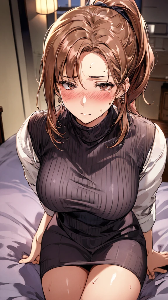 ((Safety Sensors、Safety、Safety、Absolute 、one person)) 、masterpiece, best quality, Detailed face, fine grain, extract, ponytail, Ribbed sweater dress、Sitting on the bed in the Pink Hotel, Heavy makeup、((sweat、blush, Extra Large , bite))、Character details、whole、34 years old、sexy milf, Beautiful Japanese woman、((leave:1.8))、Top view、from head to toes、