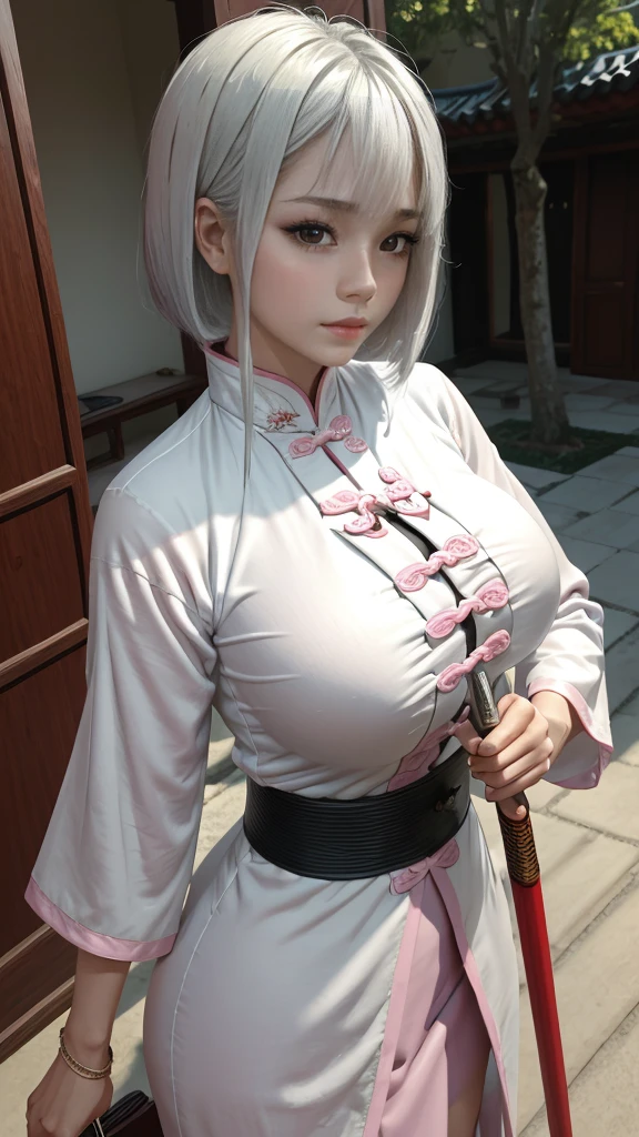 masutepiece, best, Night, fullmoon, 1 female, Mature Woman, Chinese style, Ancient China, older sister, Royal sister, Cold Face, deadpan, Woman with long silvery-white hair, Light pink lips, Calm, Intellectual, Three Bang, Gray Hitomi, Assassin, Long sword, sword holding, Fighting, streetview, Facial details,giga_busty